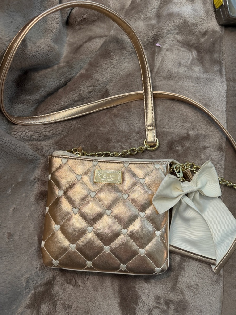 Betsy Johnson Gold Quilted Crossbody Bag with Bow Accent